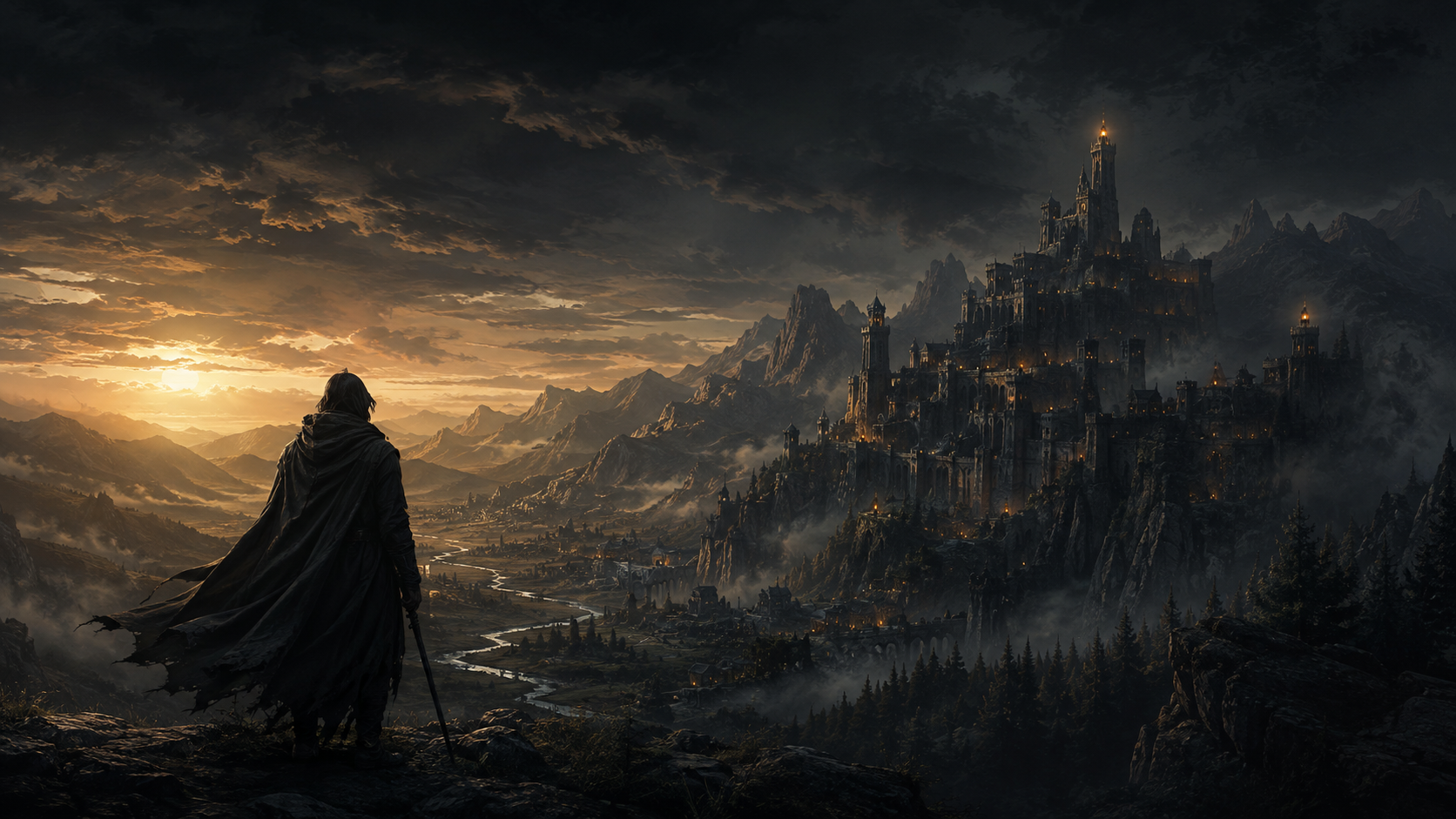 Artwork: Reisender vor einer weiten Berglandschaft mit Zitadelle