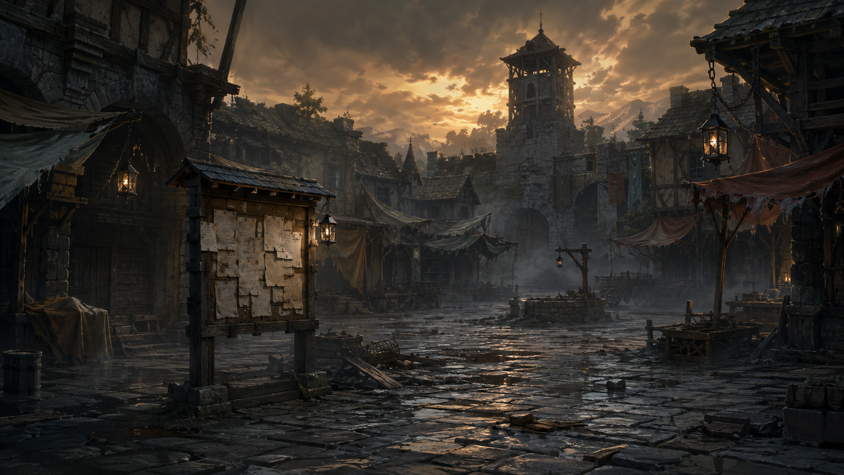 Artwork: mittelalterlicher Marktplatz im warmen Abendlicht