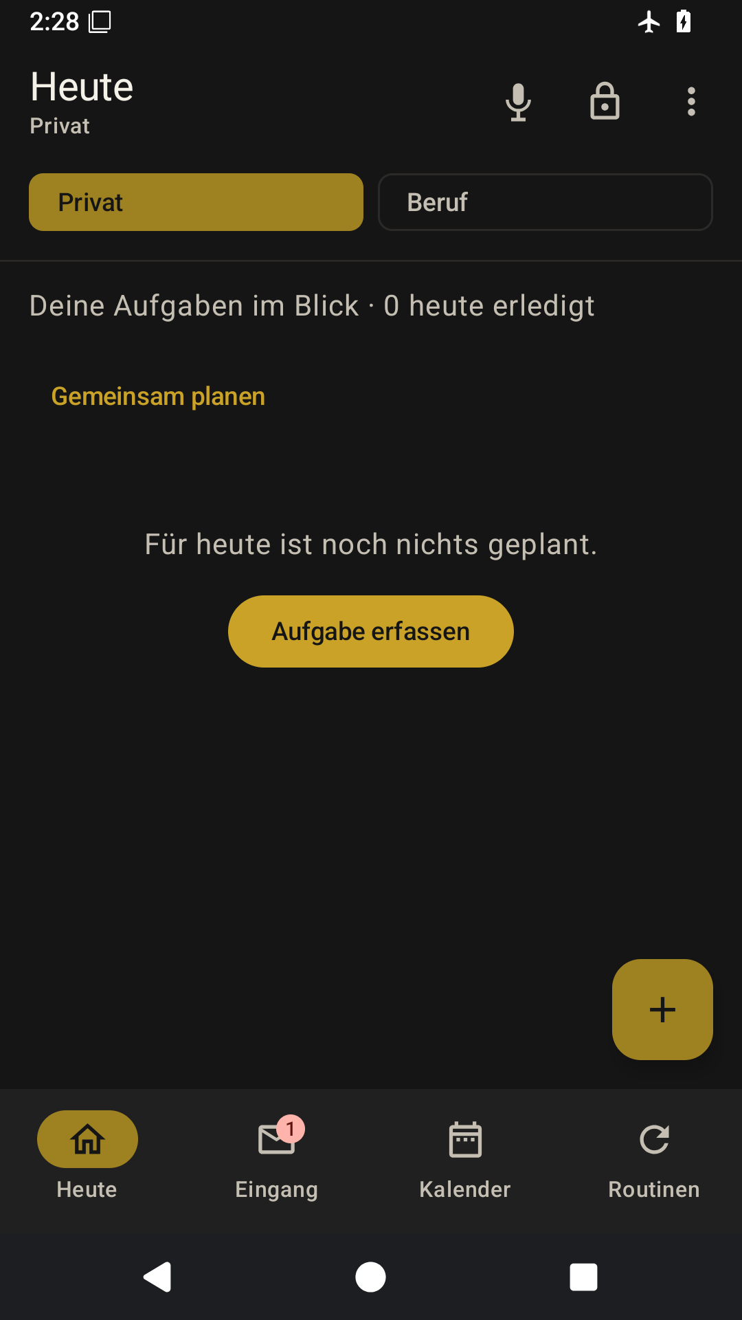 Ausschnitt der Originalansicht Heute mit Privat, Beruf und dem Einstieg Gemeinsam planen